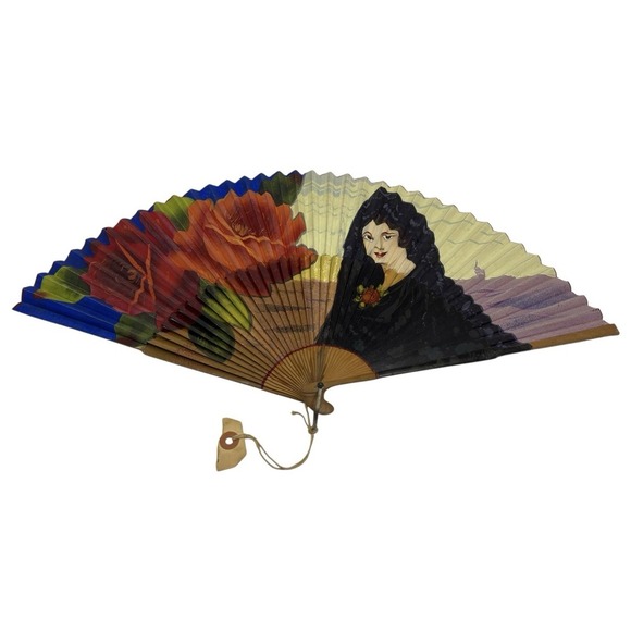 Antique Spanish Hand Painted Wood- Paper Hand Folding Fan main image 7